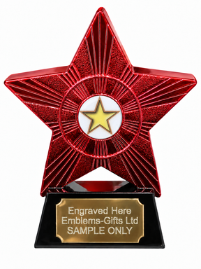 Red Superstar Yellow Star Resin Trophy 140 x 125mm (A1) with small Yellow Star centre