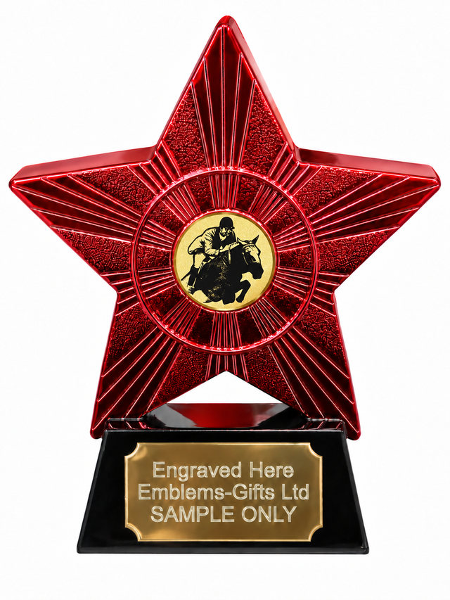 Red Superstar Show Jumping Gold Resin Trophy 140 x 125mm (A1) with small Show Jumping Gold centre