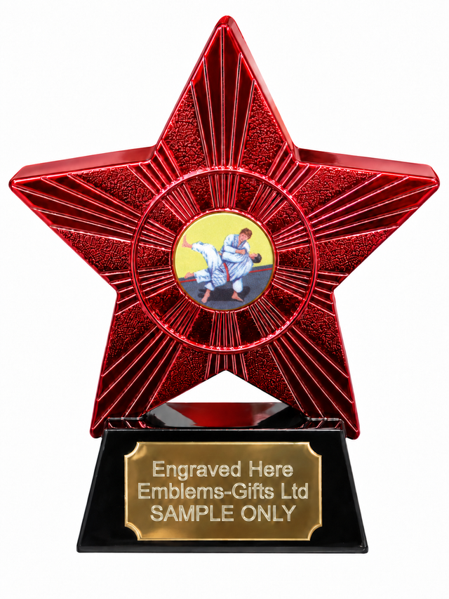 Red Superstar Judo Throw Classic Resin Trophy 140 x 125mm (A1) with small Judo Throw Classic centre