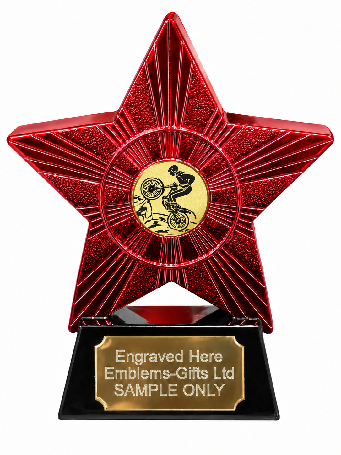 Red Superstar Motorcycle Trials Gold Resin Trophy 140 x 125mm (A1) with small Motorcycle Trials Gold centre