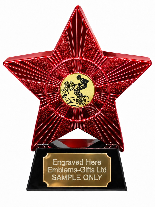 Red Superstar Motorcycle Trials Gold Resin Trophy 140 x 125mm (A1) with small Motorcycle Trials Gold centre