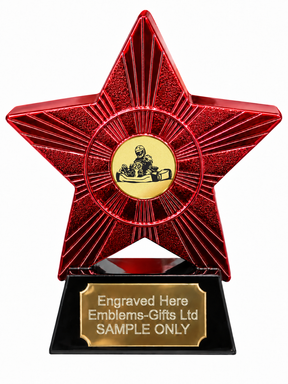 Red Superstar Go Kart Driver Gold Resin Trophy 140 x 125mm (A1) with small Go Kart Driver Gold centre