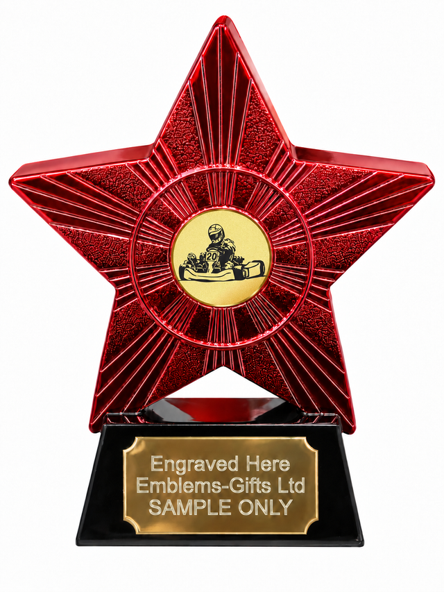 Red Superstar Go Kart Driver Gold Resin Trophy 140 x 125mm (A1) with small Go Kart Driver Gold centre