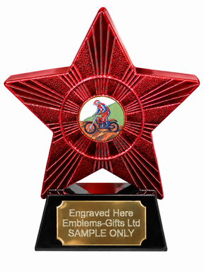 Red Superstar Motorcycle Trials Colour Resin Trophy 140 x 125mm (A1) with small Motorcycle Trials Colour centre