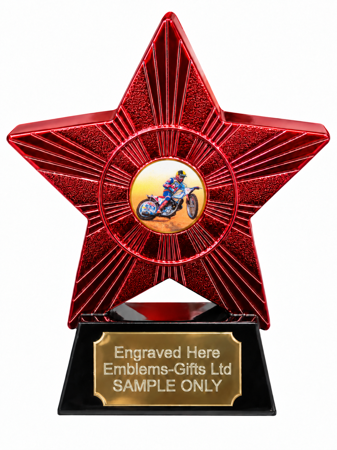 Red Superstar Speedway Resin Trophy 140 x 125mm (A1) with small Speedway centre