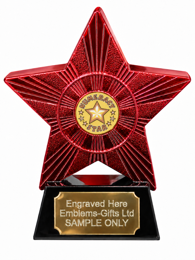 Red Superstar Numeracy Star Resin Trophy 140 x 125mm (A1) with small Numeracy Star centre