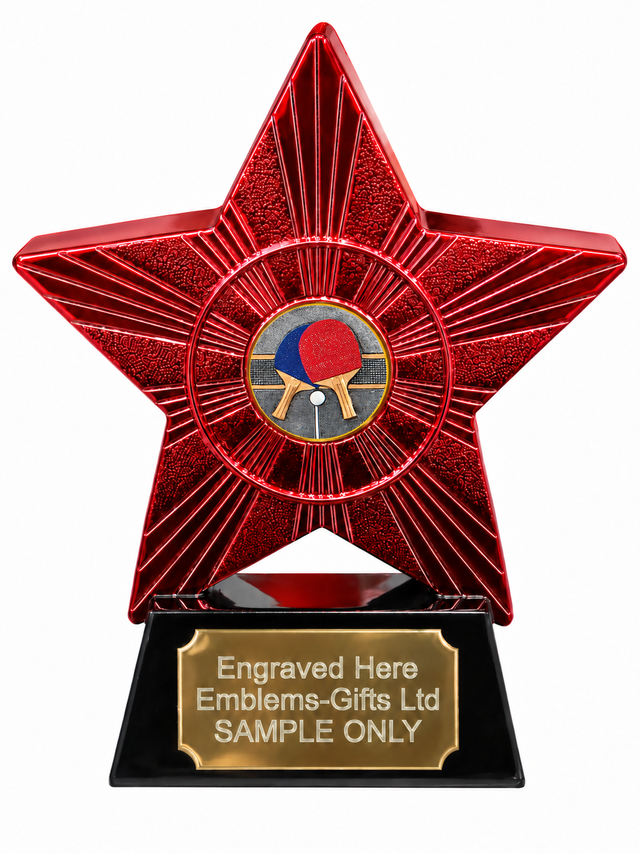 Red Superstar Table Tennis Resin Trophy 140 x 125mm (A1) with small Table Tennis centre