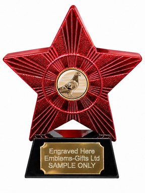 Red Superstar Racing Pigeon Resin Trophy 140 x 125mm (A1) with small Racing Pigeon centre