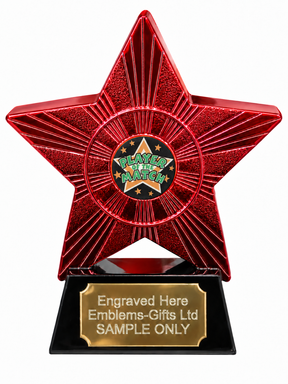 Red Superstar Player of the Match Resin Trophy 140 x 125mm (A1) with small Player of the Match centre