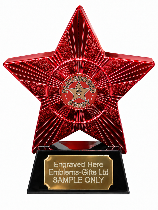 Red Superstar Playground Buddy Resin Trophy 140 x 125mm (A1) with small Playground Buddy centre