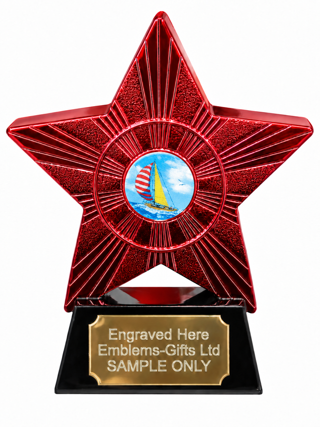 Red Superstar Sailing Yacht Resin Trophy 140 x 125mm (A1) with small Sailing Yacht centre