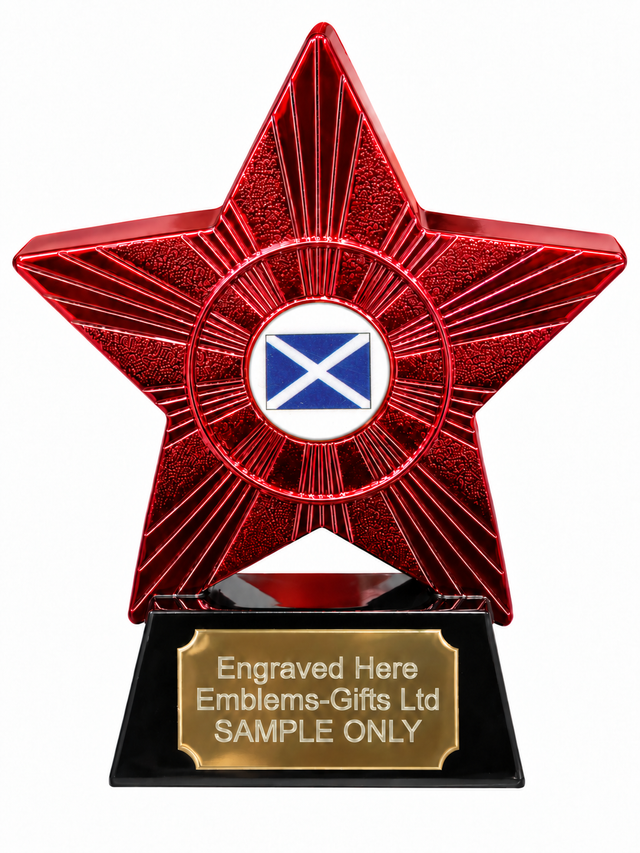 Red Superstar Scotland Saltire Resin Trophy 140 x 125mm (A1) with small Scotland Saltire centre