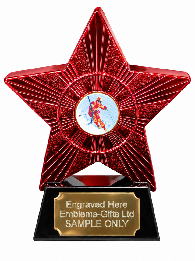Red Superstar Slalom Skiing Resin Trophy 140 x 125mm (A1) with small Slalom Skiing centre