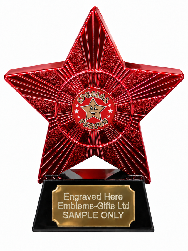 Red Superstar Special Person Resin Trophy 140 x 125mm (A1) with small Special Person centre
