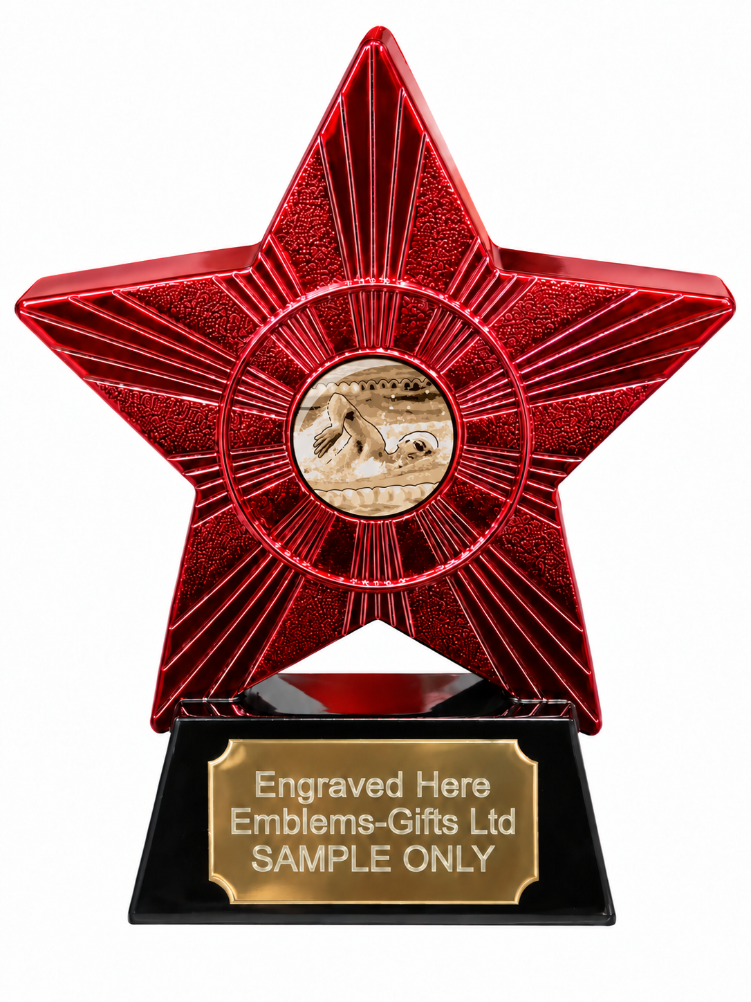 Red Superstar Swimming White Cap Resin Trophy 140 x 125mm (A1) with small Swimming White Cap centre