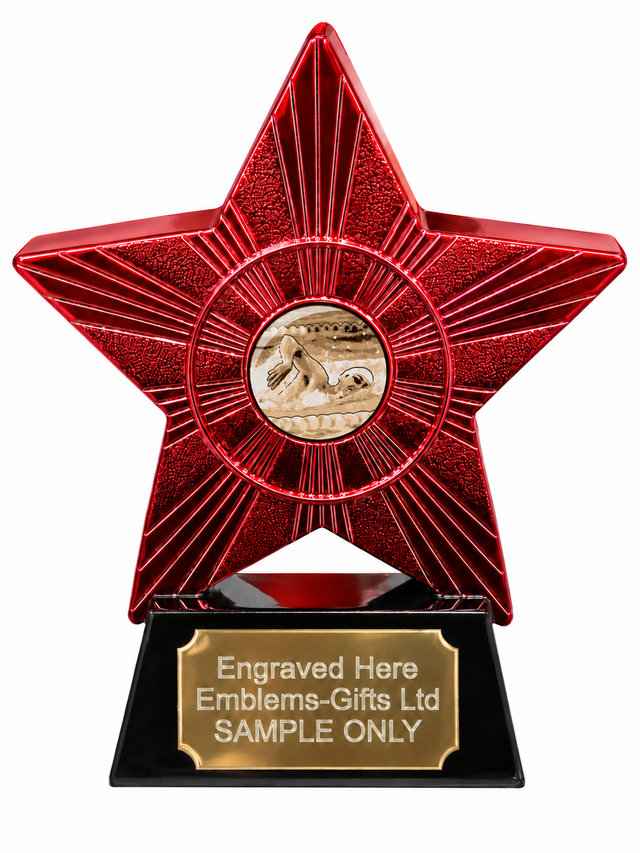 Red Superstar Swimming White Cap Resin Trophy 140 x 125mm (A1) with small Swimming White Cap centre