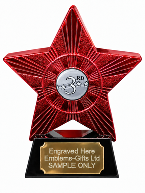 Red Superstar 3rd Place Silver Stars Resin Trophy 140 x 125mm (A1) with small 3rd Place Silver Stars centre