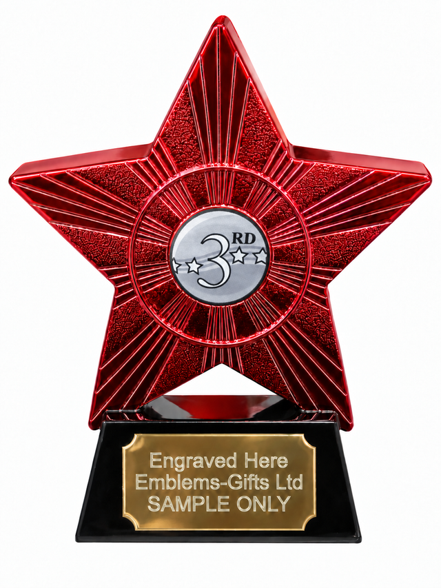 Red Superstar 3rd Place Silver Stars Resin Trophy 140 x 125mm (A1) with small 3rd Place Silver Stars centre