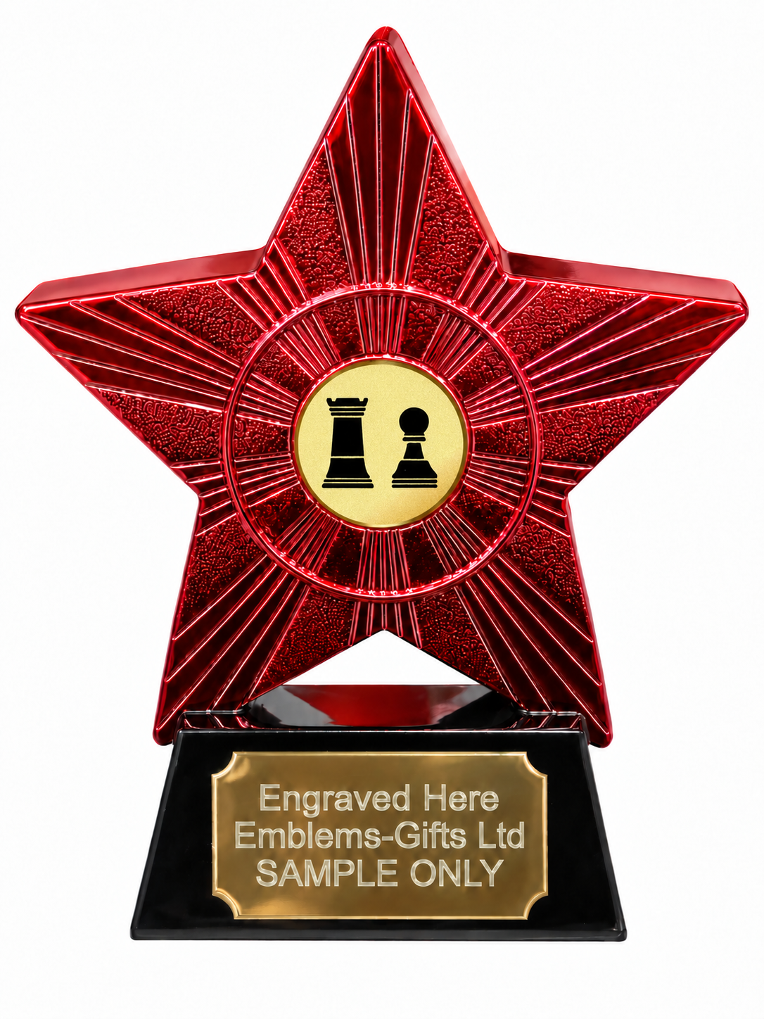 Red Superstar Chess Rook and Pawn Resin Trophy 140 x 125mm (A1) with small Chess Rook and Pawn centre