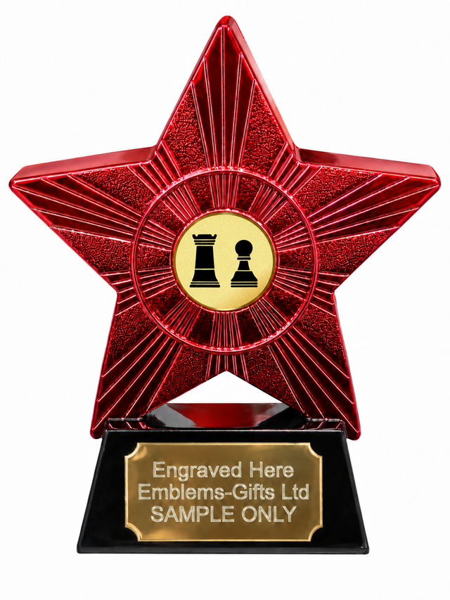 Red Superstar Chess Rook and Pawn Resin Trophy 140 x 125mm (A1) with small Chess Rook and Pawn centre