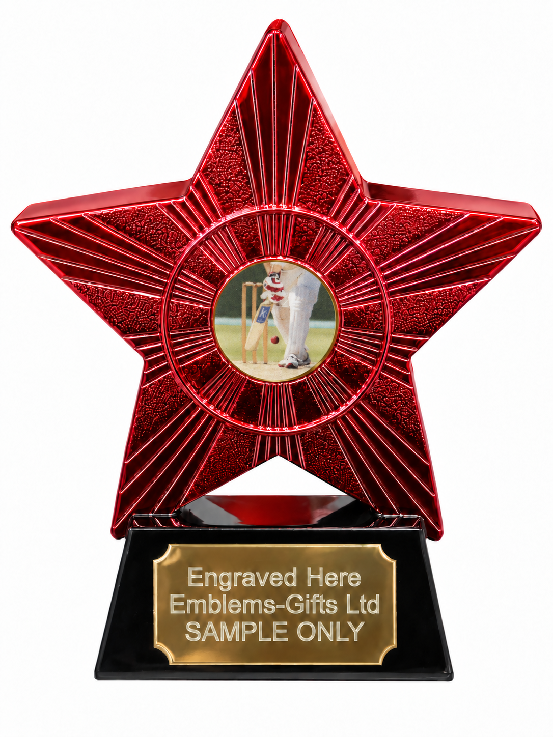 Red Superstar Cricket Batting Resin Trophy 140 x 125mm (A1) with small Cricket Batting centre