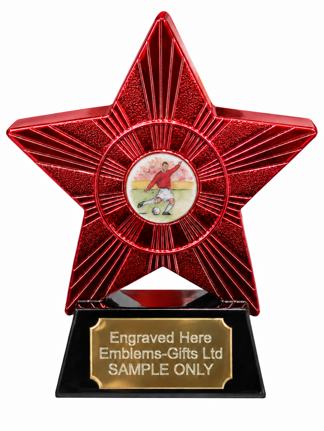 Red Superstar Football Red Shirt Resin Trophy 140 x 125mm (A1) with small Football Red Shirt centre