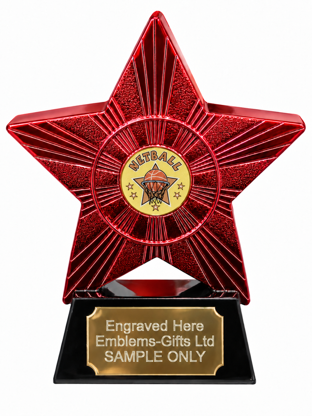 Red Superstar Netball Star Resin Trophy 140 x 125mm (A1) with small Netball Star centre