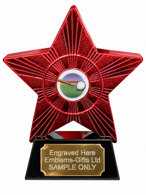 Red Superstar Pool Cue and Ball Resin Trophy 140 x 125mm (A1) with small Pool Cue and Ball centre