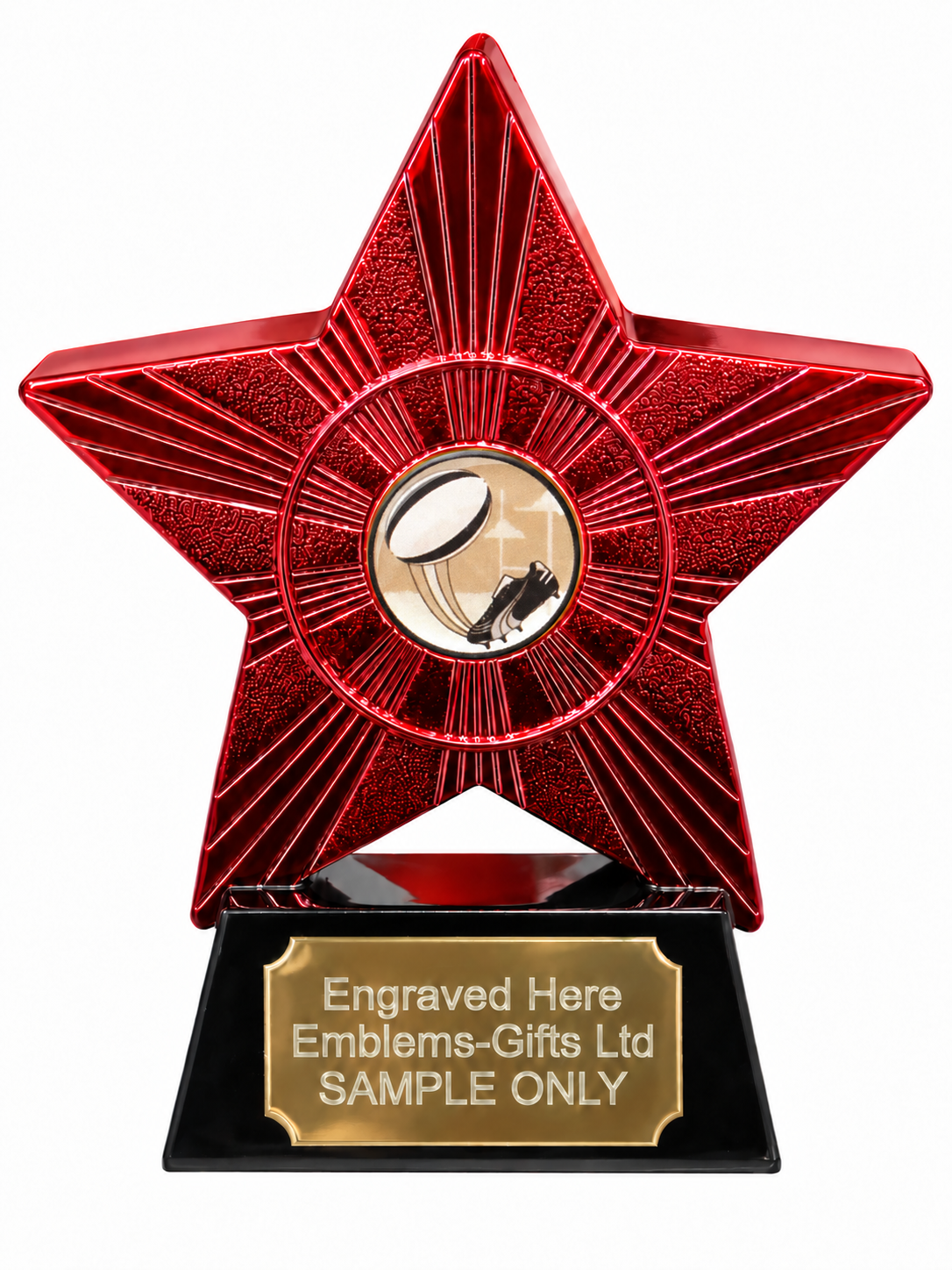 Red Superstar Rugby Ball and Boots Resin Trophy 140 x 125mm (A1) with small Rugby Ball and Boots centre