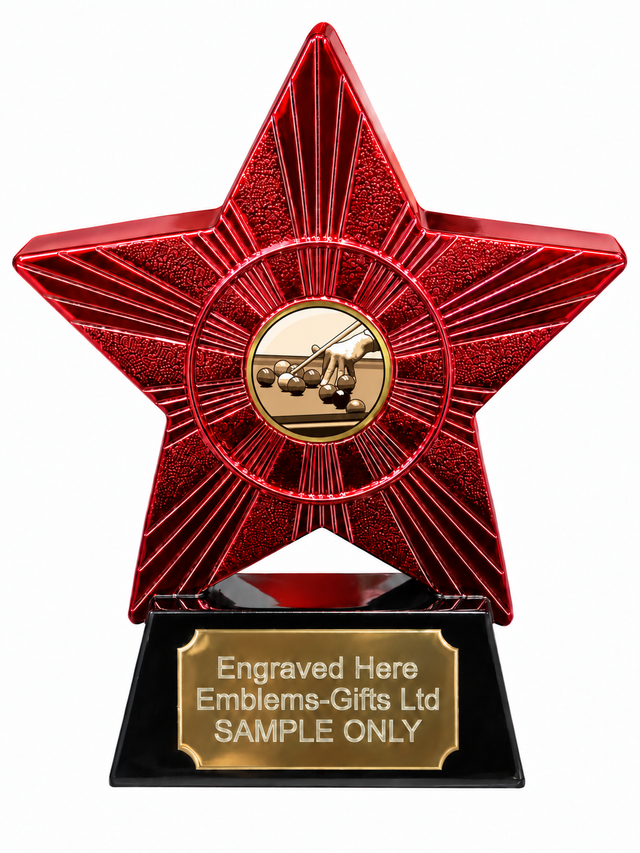 Red Superstar Snooker Cue Shot Resin Trophy 140 x 125mm (A1) with small Snooker Cue Shot centre