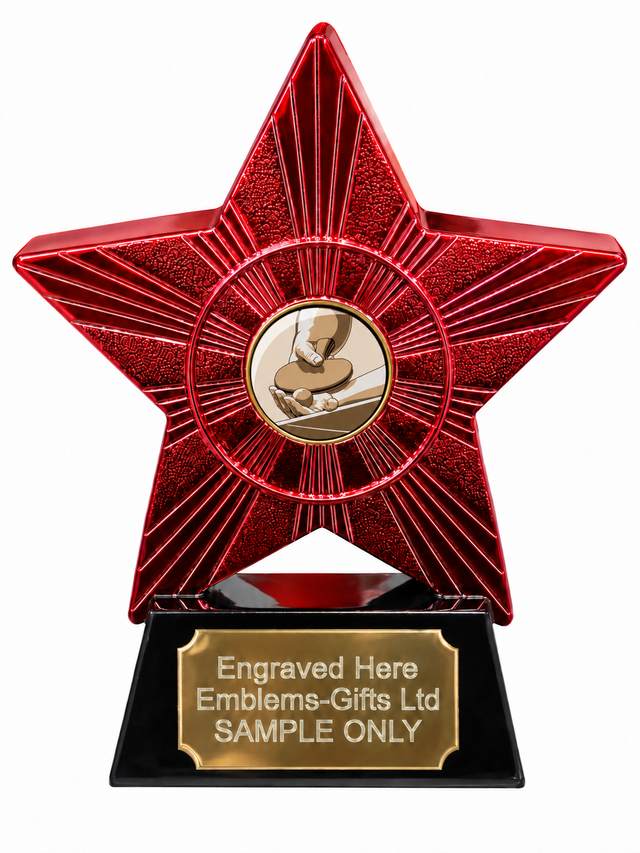 Red Superstar Table Tennis Serve Resin Trophy 140 x 125mm (A1) with small Table Tennis Serve centre