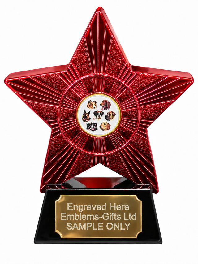 Red Superstar Dog Breeds Resin Trophy 140 x 125mm (A1) with small Dog Breeds centre