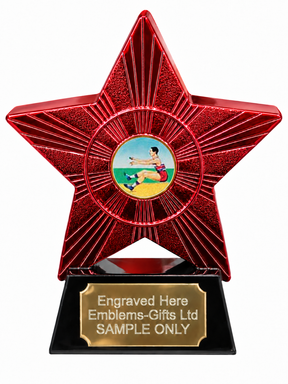 Red Superstar Long Jump Resin Trophy 140 x 125mm (A1) with small Long Jump centre