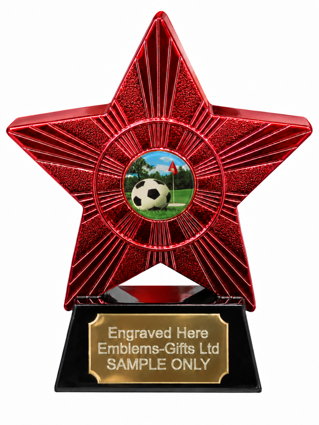 Red Superstar Football Corner Flag Resin Trophy 140 x 125mm (A1) with small Football Corner Flag centre