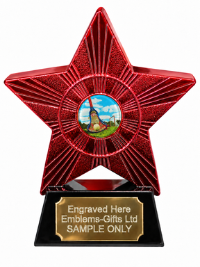 Red Superstar Lacrosse Resin Trophy 140 x 125mm (A1) with small Lacrosse centre