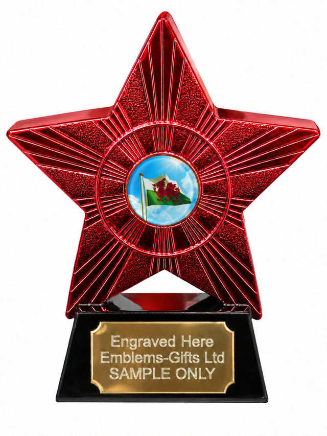 Red Superstar Wales Flag Resin Trophy 140 x 125mm (A1) with small Wales Flag centre