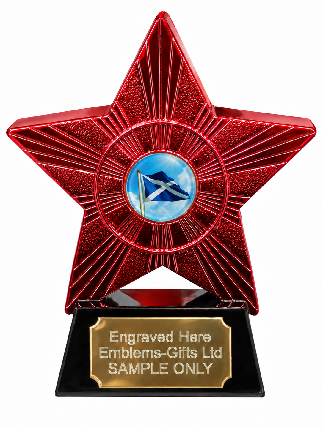 Red Superstar Scotland Flag Resin Trophy 140 x 125mm (A1) with small Scotland Flag centre