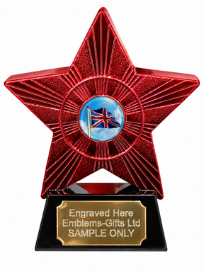 Red Superstar Union Jack Flag Resin Trophy 140 x 125mm (A1) with small Union Jack Flag centre