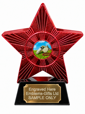 Red Superstar Referee Whistle Resin Trophy 140 x 125mm (A1) with small Referee Whistle centre