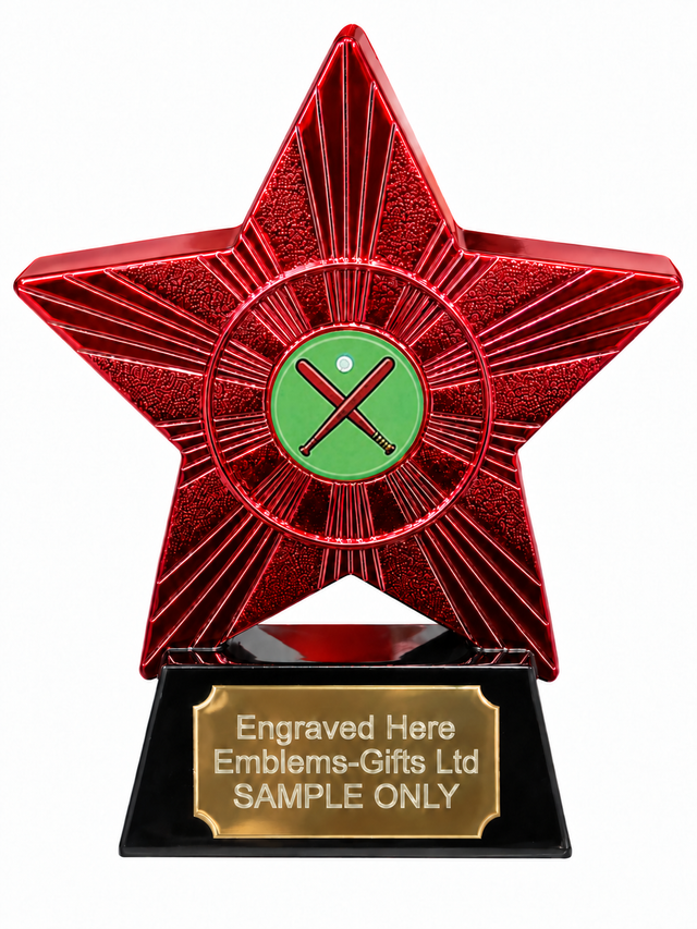 Red Superstar Bat and Ball Resin Trophy 140 x 125mm (A1) with small Bat and Ball centre