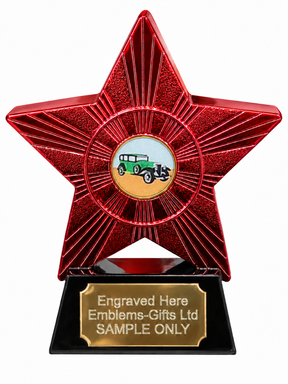 Red Superstar Vintage Car Resin Trophy 140 x 125mm (A1) with small Vintage Car centre