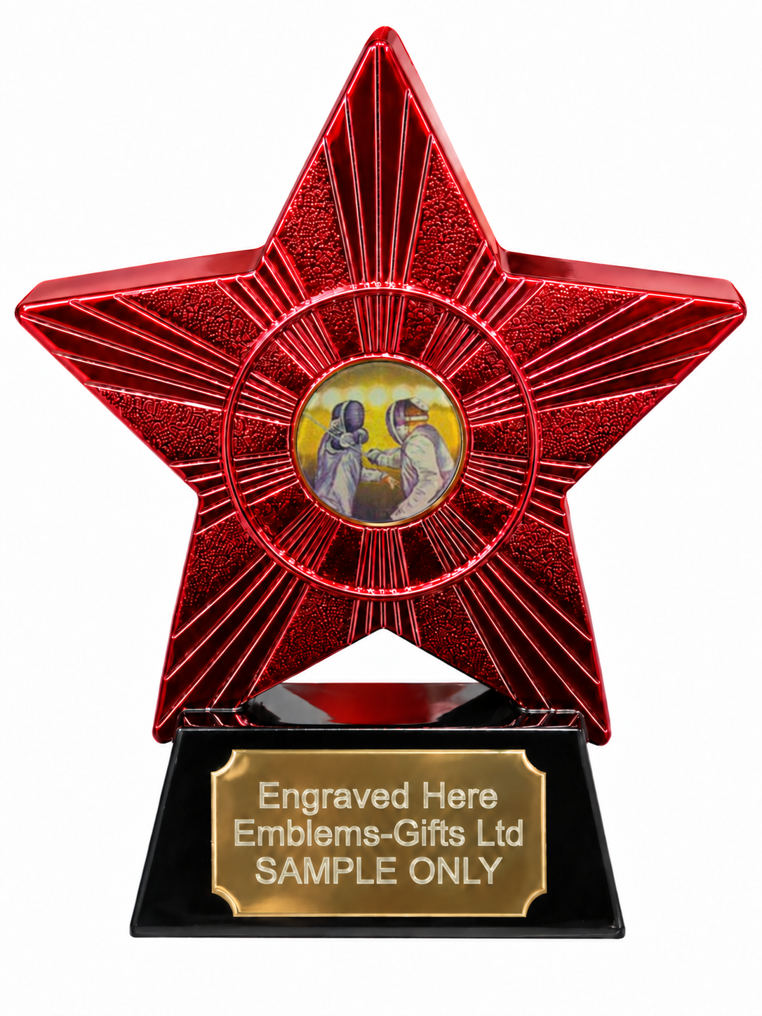 Red Superstar Fencing Resin Trophy 140 x 125mm (A1) with small Fencing centre