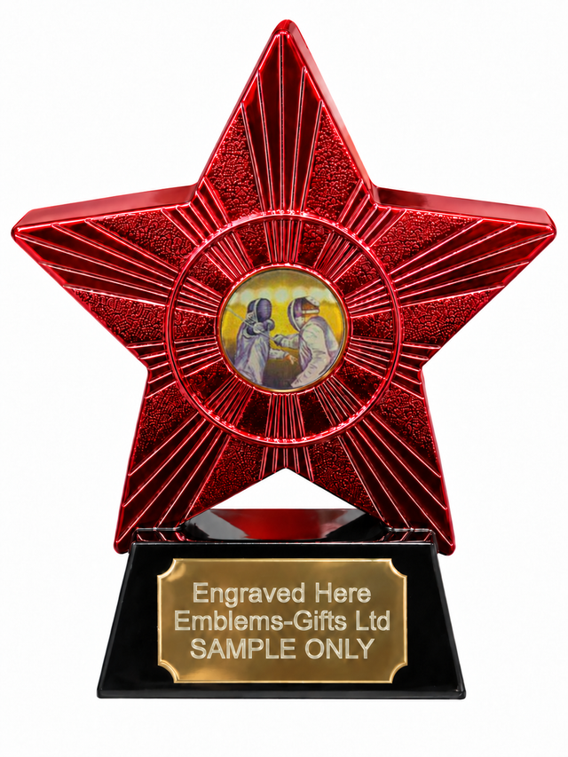Red Superstar Fencing Resin Trophy 140 x 125mm (A1) with small Fencing centre