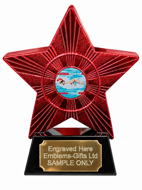 Red Superstar Swimming Red Cap Lanes Resin Trophy 140 x 125mm (A1) with small Swimming Red Cap Lanes centre