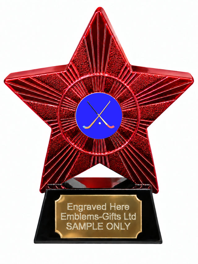 Red Superstar Shinty Crossed Sticks Resin Trophy 140 x 125mm (A11)