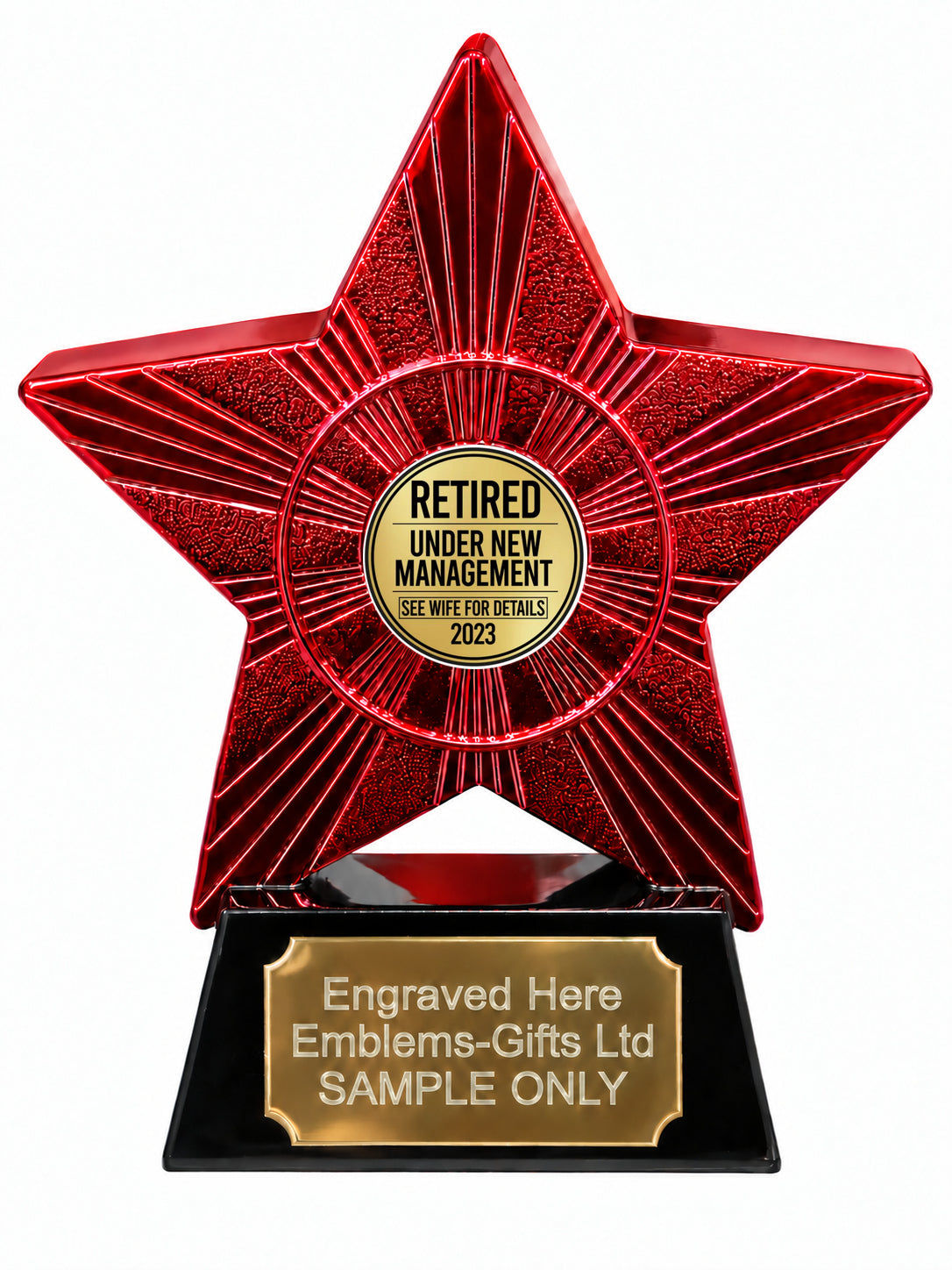 Red Superstar Retired Under New Management 2023 Resin Trophy 140 x 125mm (A12)