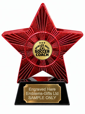 Red Superstar World's Best Soccer Coach Resin Trophy 140 x 125mm (A15)