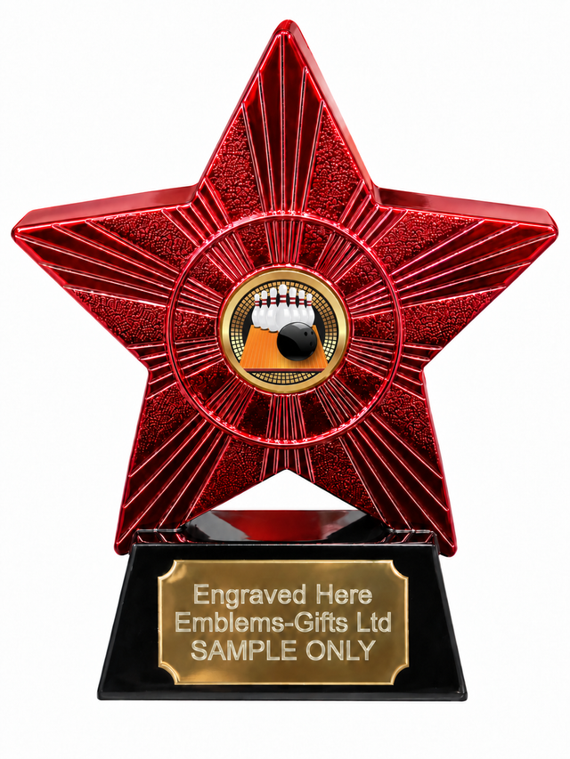 Red Superstar Ten Pin Bowling Resin Trophy 140 x 125mm (A2) with small Ten Pin Bowling centre