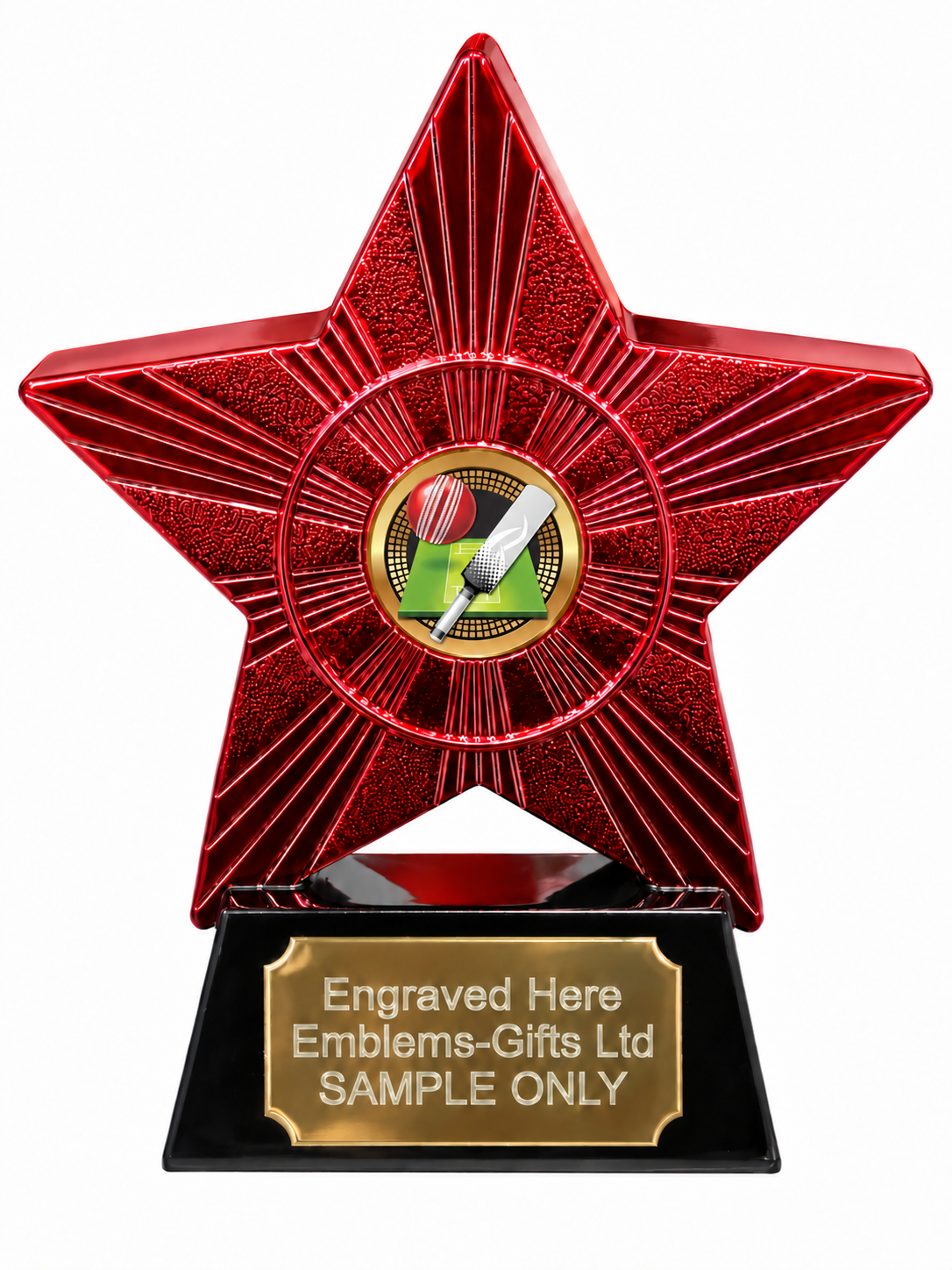 Red Superstar Cricket Bat and Ball Resin Trophy 140 x 125mm (A2) with small Cricket Bat and Ball centre