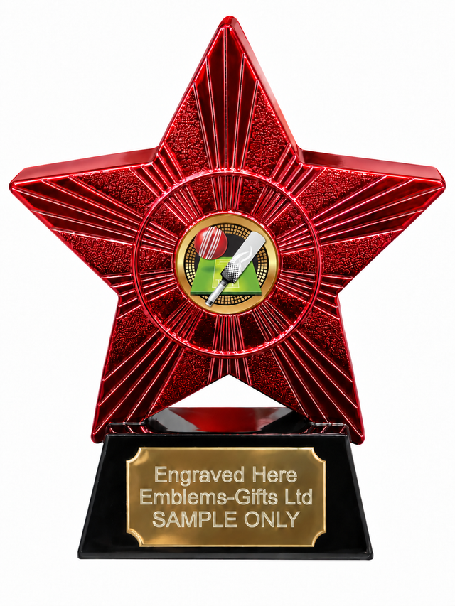 Red Superstar Cricket Bat and Ball Resin Trophy 140 x 125mm (A2) with small Cricket Bat and Ball centre